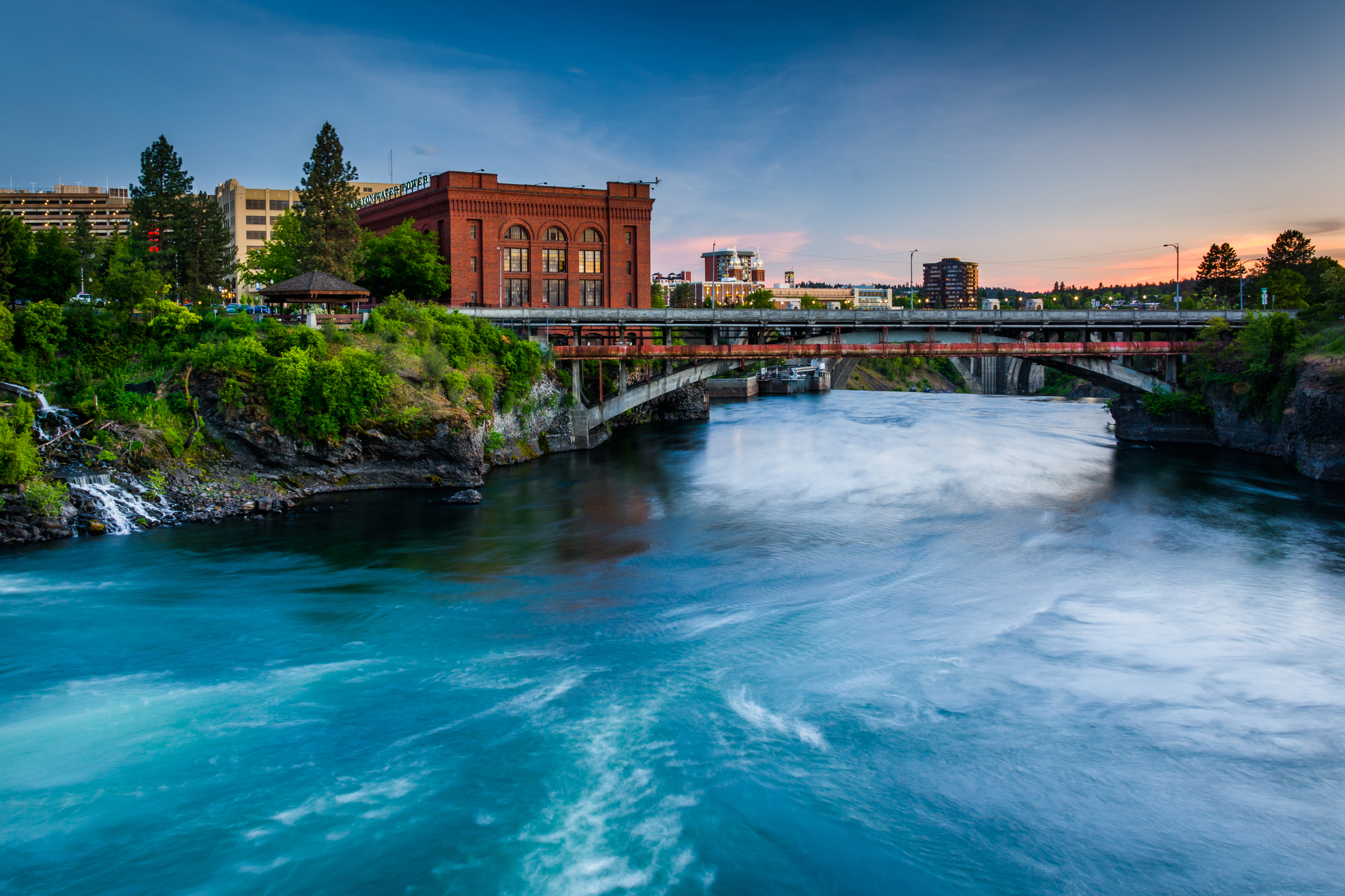 the spokane river at sunset, in spokane, washington.